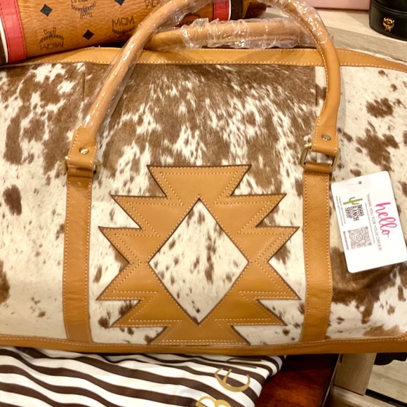 Boho Luxe Duffle Weekender Leather Cowhide Travel Black, Tan and Brown and White - Picture 2 of 9